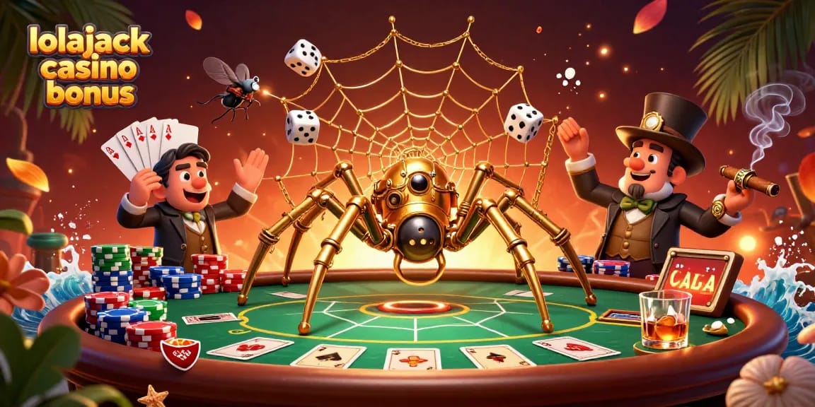 Engage with the exciting lolajack casino bonus through a rich 3D illustration of a golden spider, poker elements, and vibrant casino atmosphere.