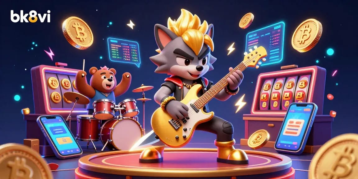 Experience thrilling gameplay at bk8vi with vibrant casino action featuring a rock star wolf and crypto elements.
