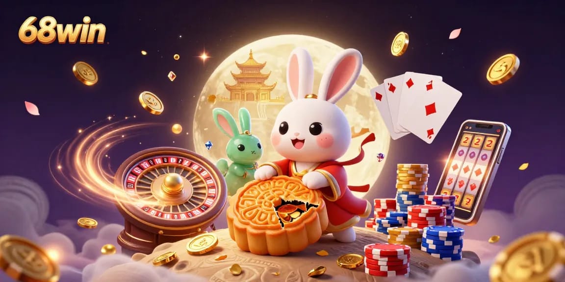 Experience the excitement of 68win with a vibrant 3D illustration featuring Chinese folklore and casino elements.