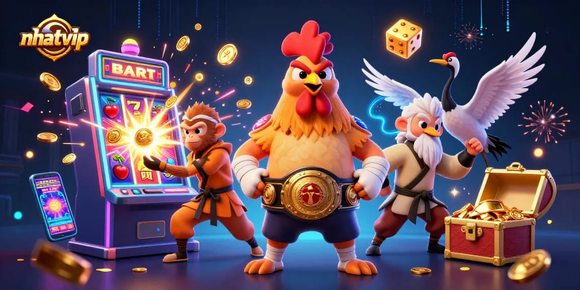 Experience thrilling gameplay at Nhatvip with a vibrant 3D illustration of casino excitement featuring dynamic characters and slot machines.