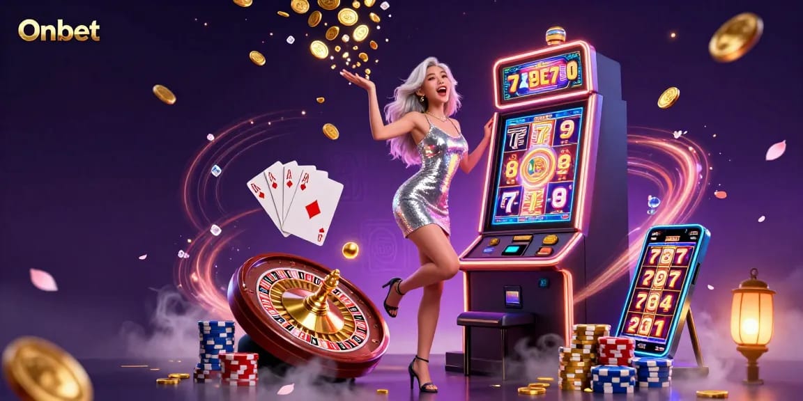Experience the excitement of Onbet with a stunning jackpot scene capturing a glamorous celebration of slot gaming.