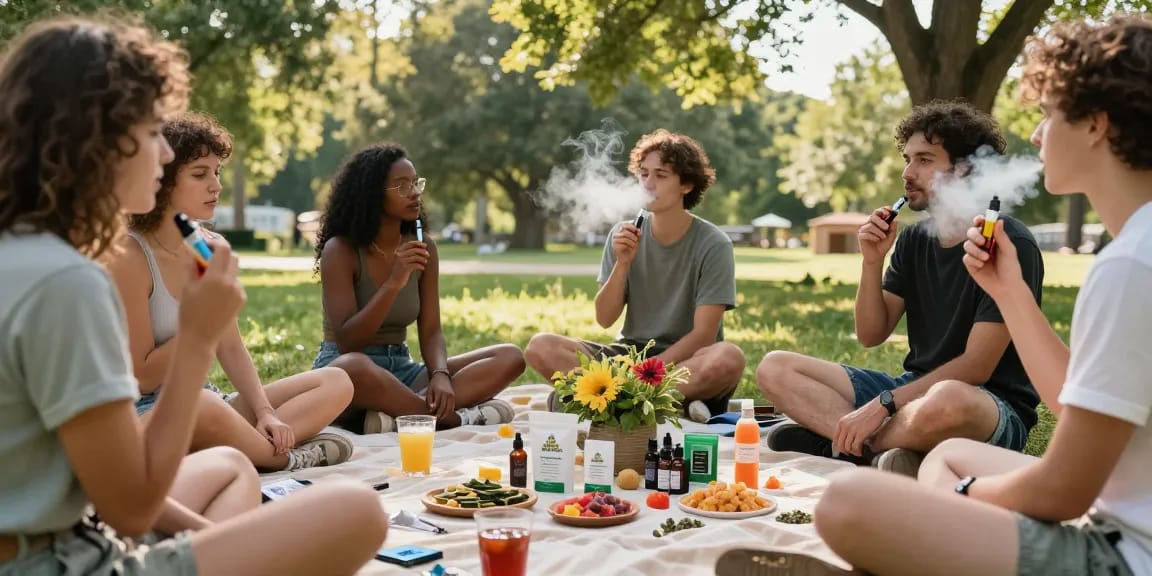 thc vape uk scene with friends enjoying organic wellness products in nature