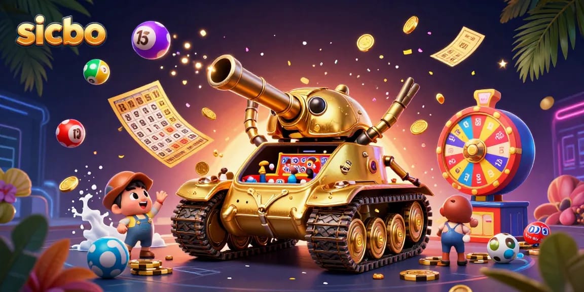Play sicbo with a colorful dynamic casino scene, featuring a golden beetle tank and confetti.