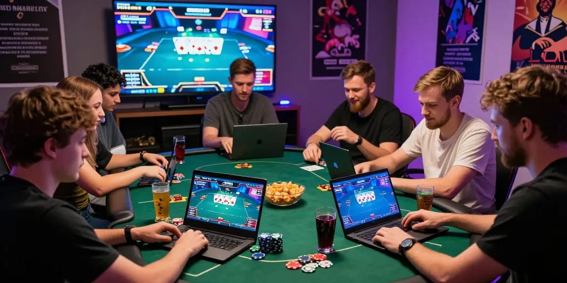 Exciting group playing poker online with Login Domino88, laptops open showing vibrant gameplay.