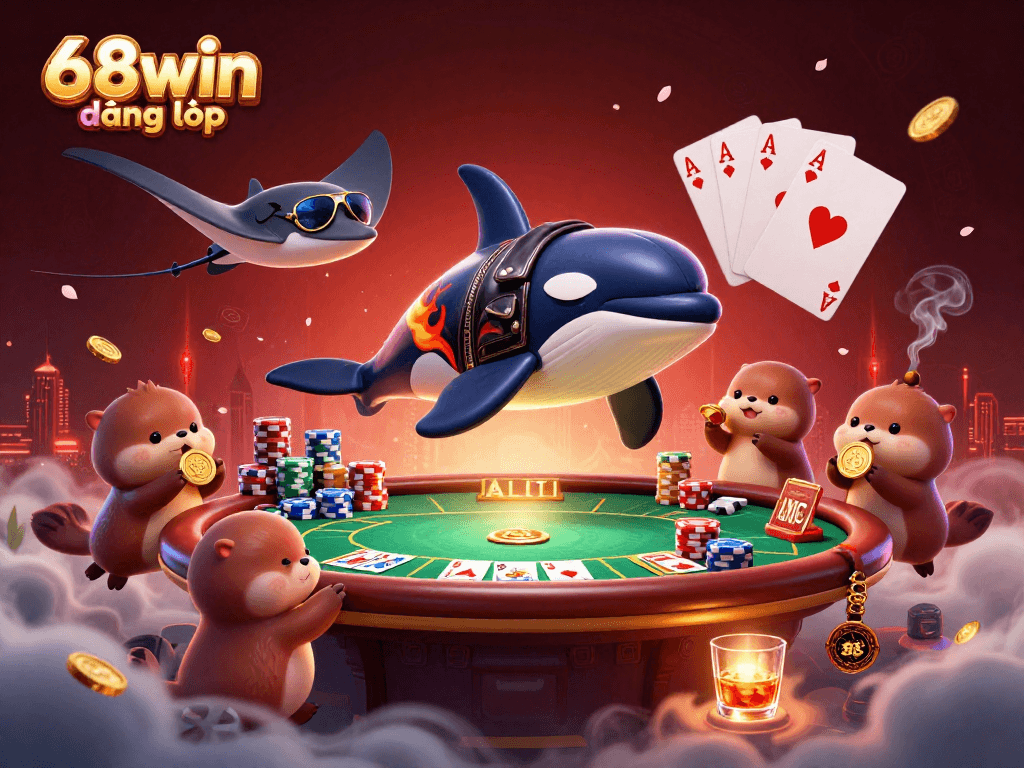 Immerse in the adventure as 68win đăng nhập showcases a vibrant underwater casino with an orca, stingray, and otters.