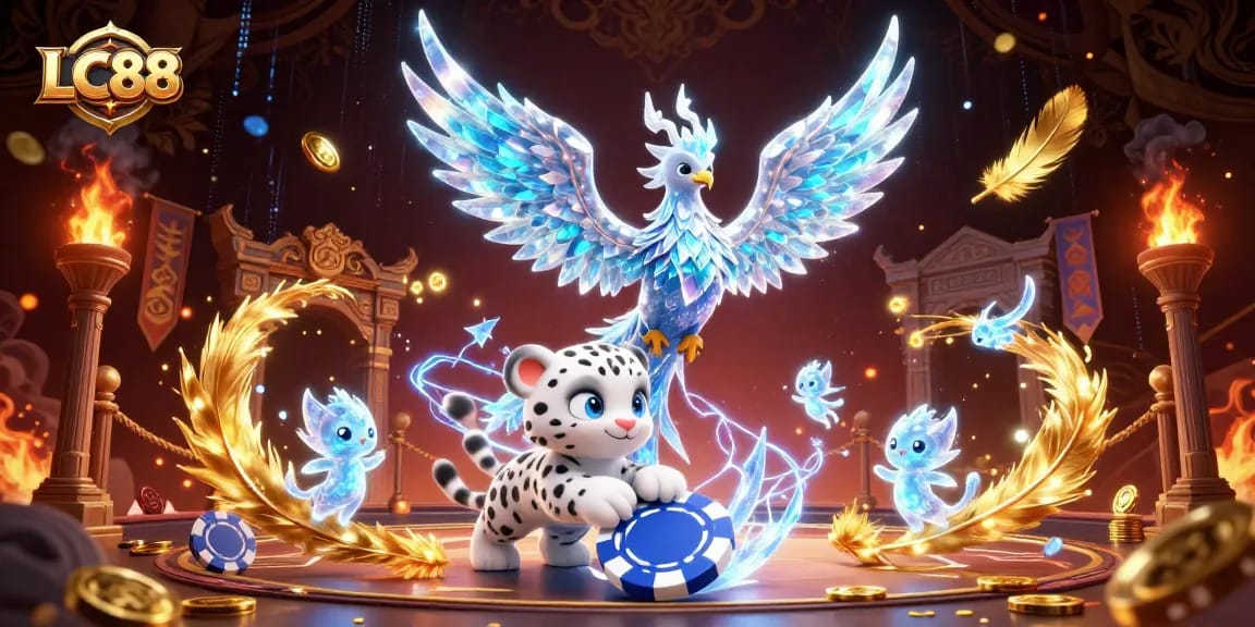 LC88 players strategizing in an ice-themed casino surrounded by glowing sprites and poker chips.