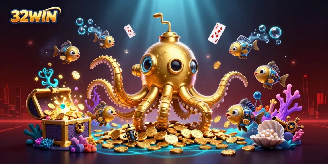 Experience the thrill of 32WIN with a golden kraken submarine among shimmering treasures and casino elements.