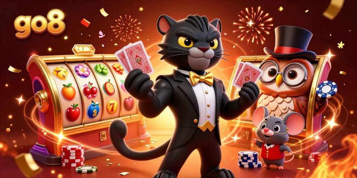 Engage in thrilling gaming at go8 with a stylish panther dealer, lucky owl, and mouse amidst a vibrant jackpot scene.