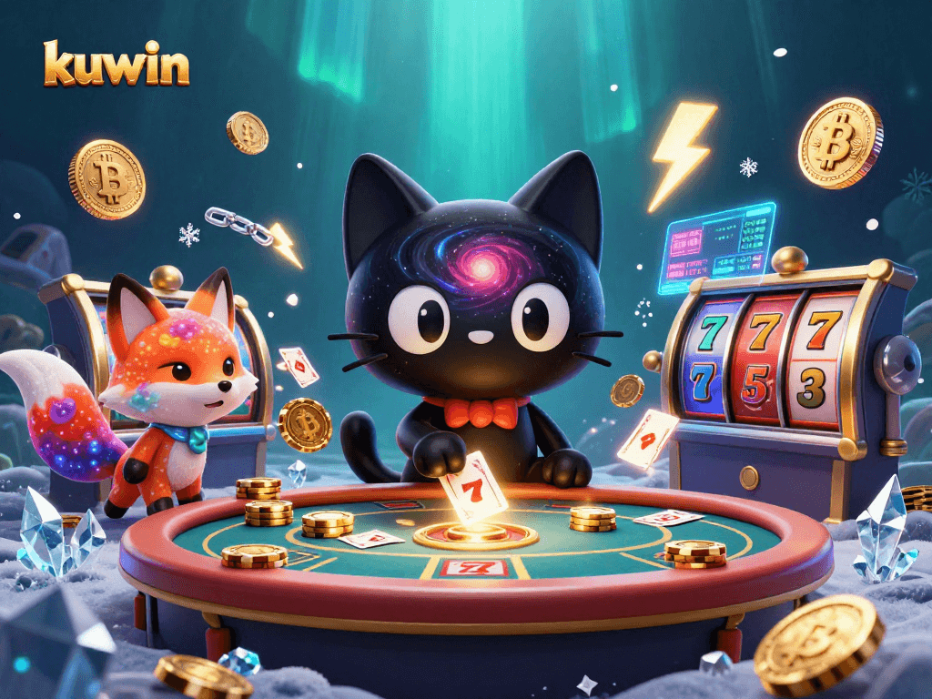 Experience thrilling gaming action at kuwin casino with interactive black hole cat and colorful nebula fox.