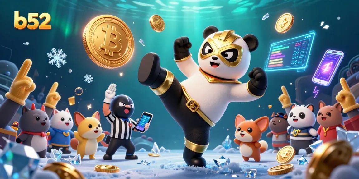 Join the excitement at b52 with panda wrestling and neon crypto elements.
