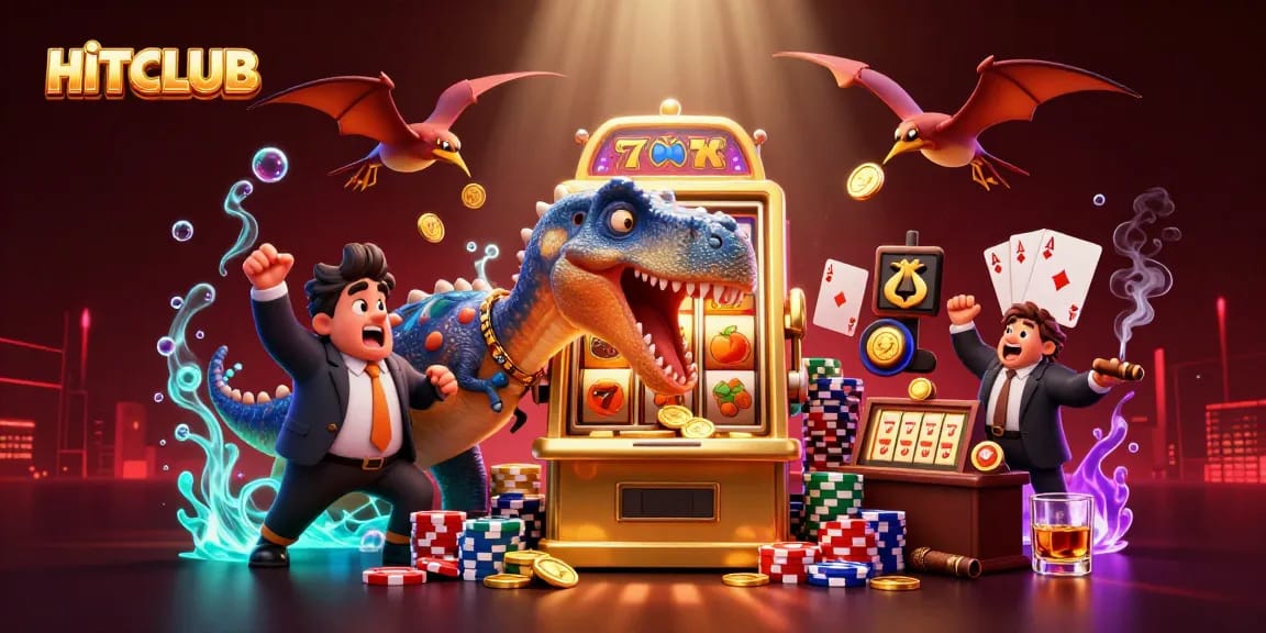 Experience the thrill of HITCLUB as characters celebrate jackpot wins with vibrant animations and casino symbols.
