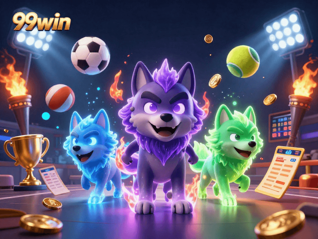 Engage with 99win's dynamic casino atmosphere showcasing a thrilling wolf pack amidst sports elements.