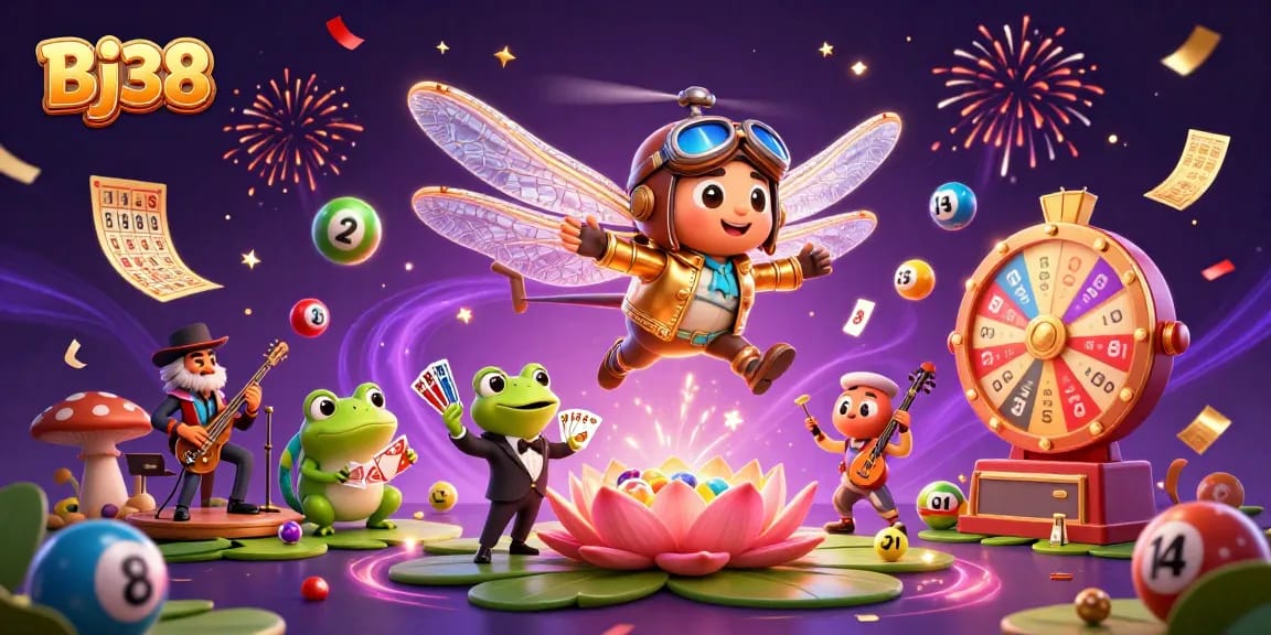 Bj38 offers a vibrant casino experience showcasing a dragonfly pilot, frog croupier, and cricket musicians.