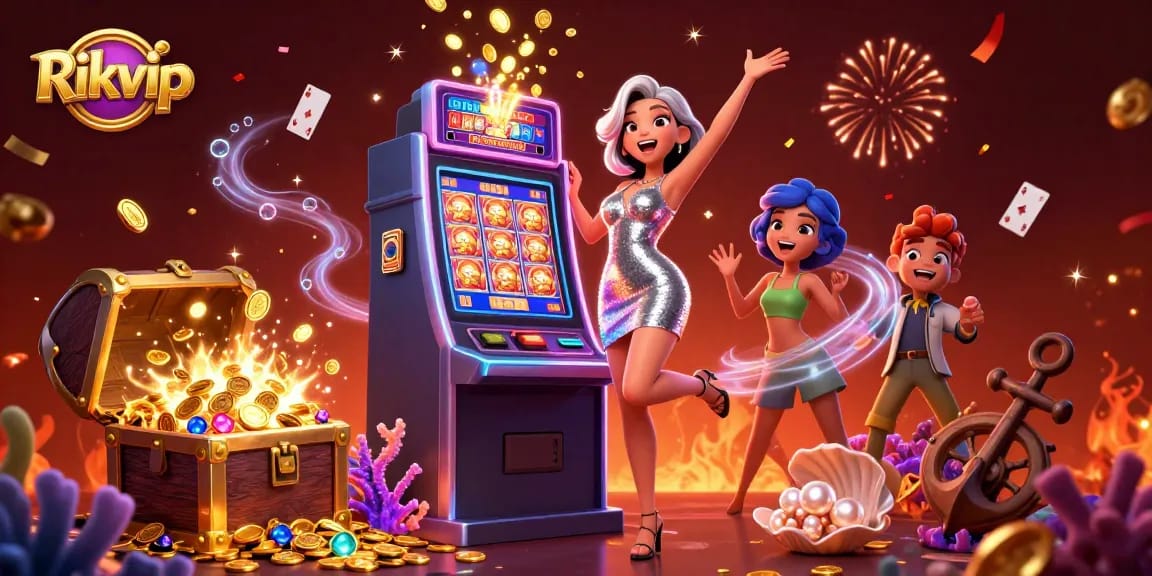 Experience excitement with Rikvip as the jackpot lights up, surrounded by vibrant casino elements.