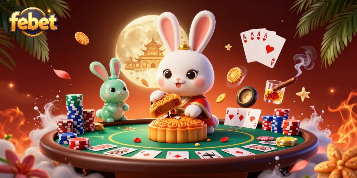 Bet on febet with dynamic 3D illustration showcasing Chinese folklore, poker chips, and casino elements.