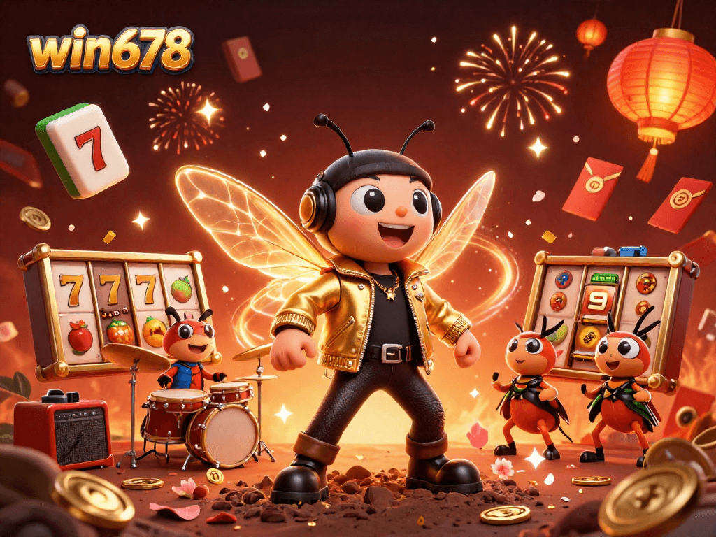 Experience thrilling action at win678, where a vibrant 3D scene showcases lucky symbols and excitement.