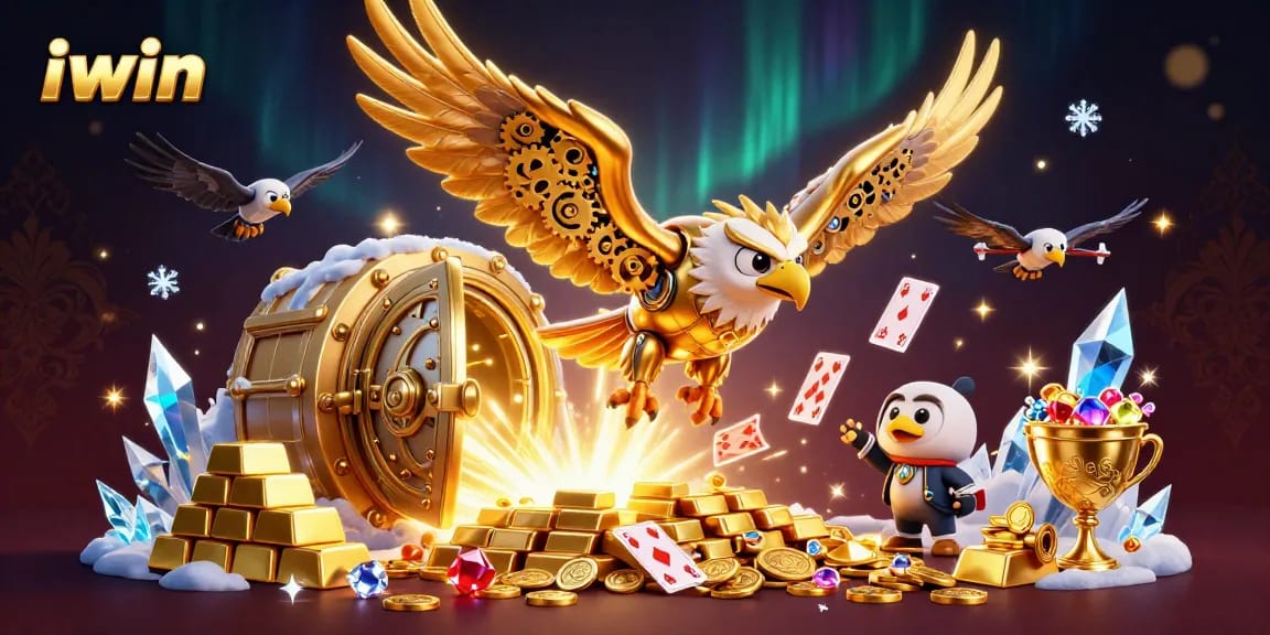 iwin's vibrant casino scene with a golden eagle and holographic playing cards in a treasure-filled setting.