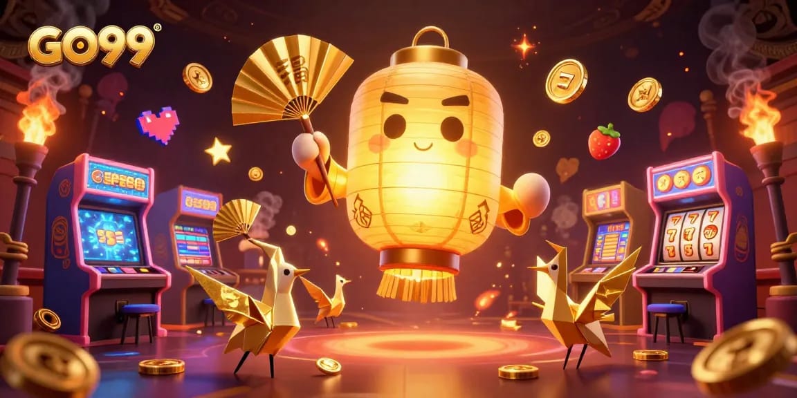 Engage with the thrilling gaming experience of GO99 at a vibrant casino scene with golden elements and exciting arcade games.
