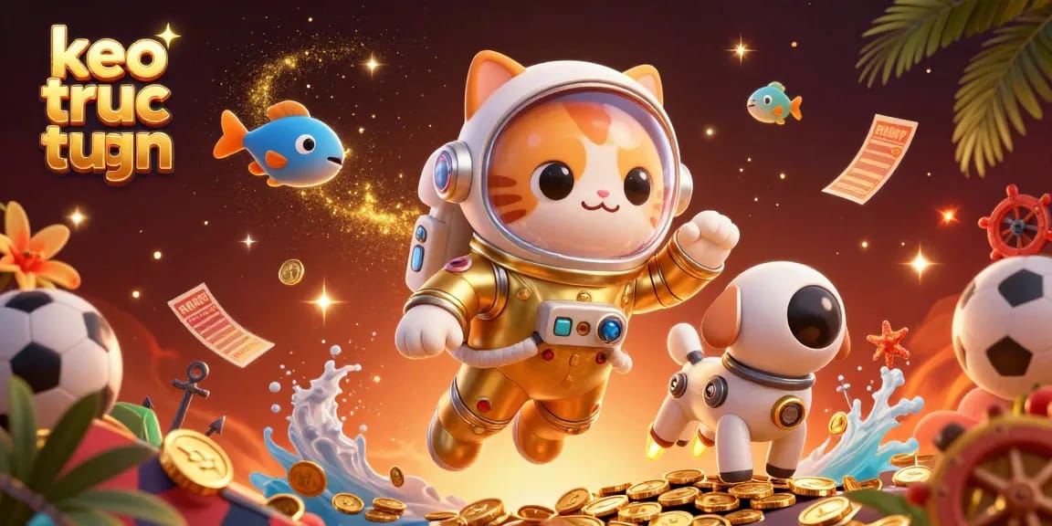 Engage with keo truc tuyen and bet dynamically as the astronaut cat and robot dog explore a vibrant sports-themed nebula.