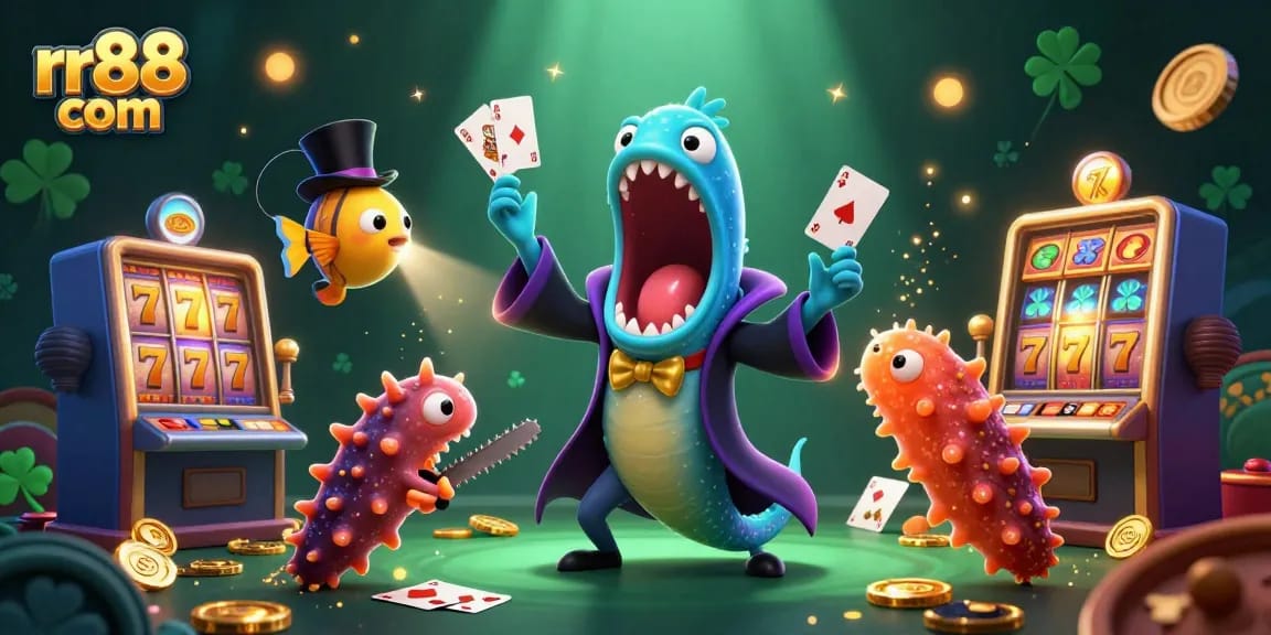 Play with rr88 com and enjoy vibrant slot machines amid captivating underwater characters in a magical casino scene.