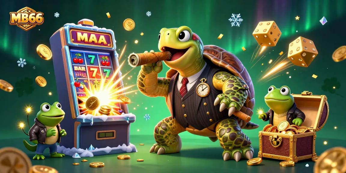 Experience the thrill at MB66 with this vibrant casino scene featuring a snapping turtle and bullfrogs.