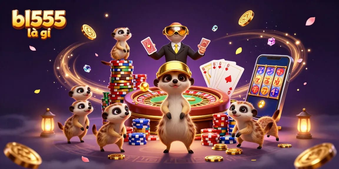 Engaging illustration of meerkats managing a casino, highlighting the concept of bl555 là gì in an entertaining scene.