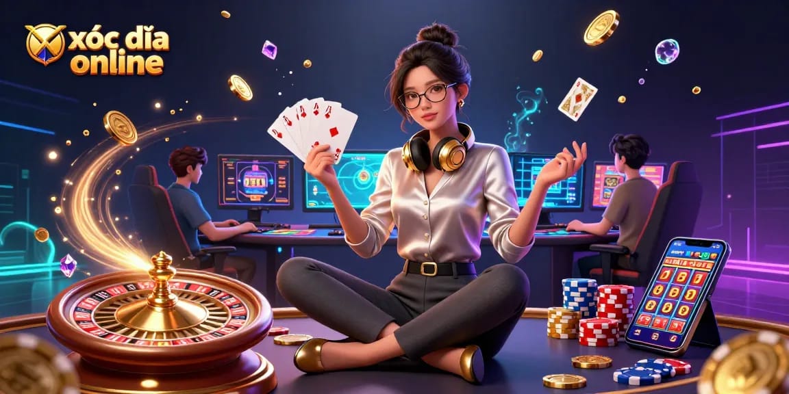 Experience xóc đĩa online with a skilled gamer at a vibrant casino setup surrounded by golden coins and cards.