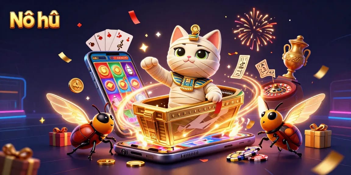 Nổ hũ slots adventure featuring a vibrant Egyptian theme, bold characters, and dynamic casino elements.