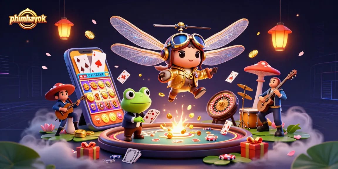 Engage with exciting gambling action at phimhayok as a dragonfly pilot hovers above a vibrant casino scene.
