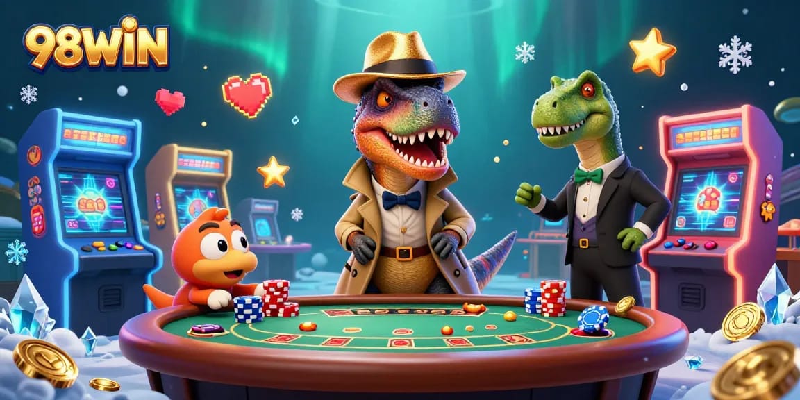 Engage with 98WIN's dynamic casino scene featuring a velociraptor card counter at a blackjack table amidst vibrant gaming elements.