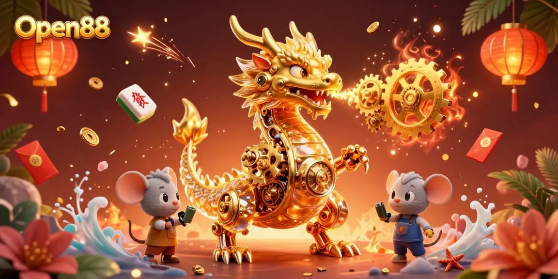 Experience thrilling wins at Open88 with a vibrant 3D gold dragon and exciting casino elements.