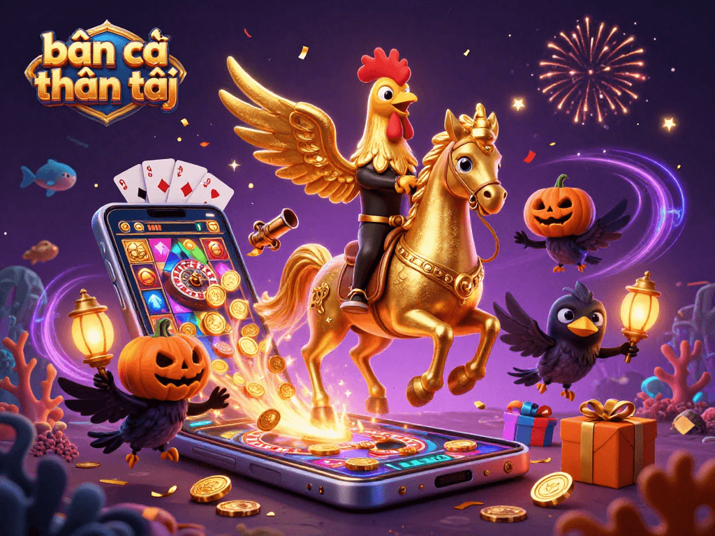Bắn cá thần tài showcases a golden rooster heroically navigating a magical underwater casino.