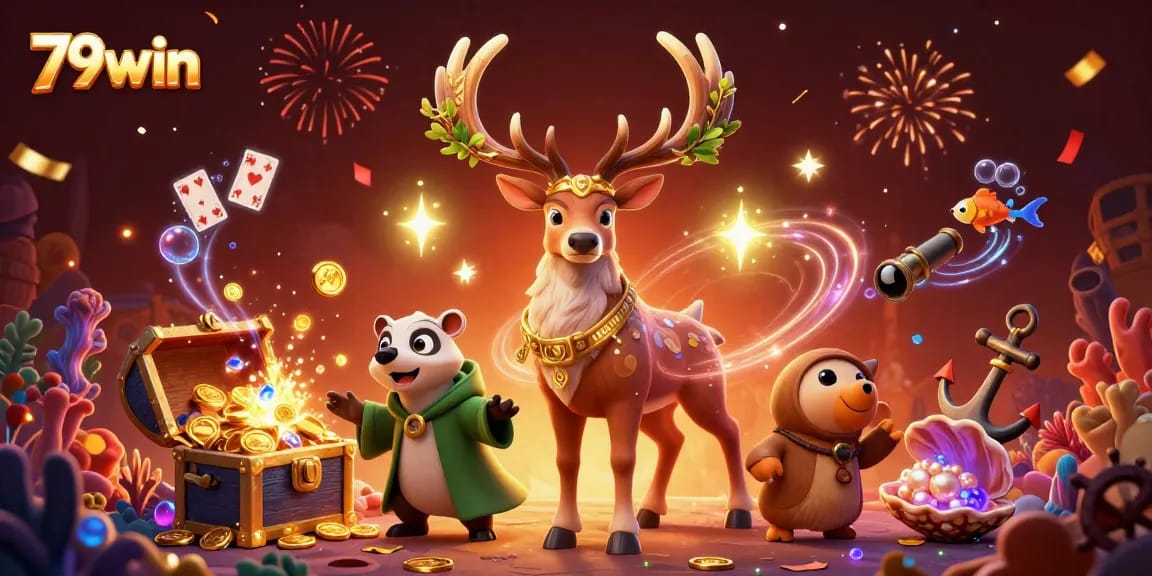 Experience the thrill of winning with 79win's vibrant casino-themed illustration featuring dynamic elements.