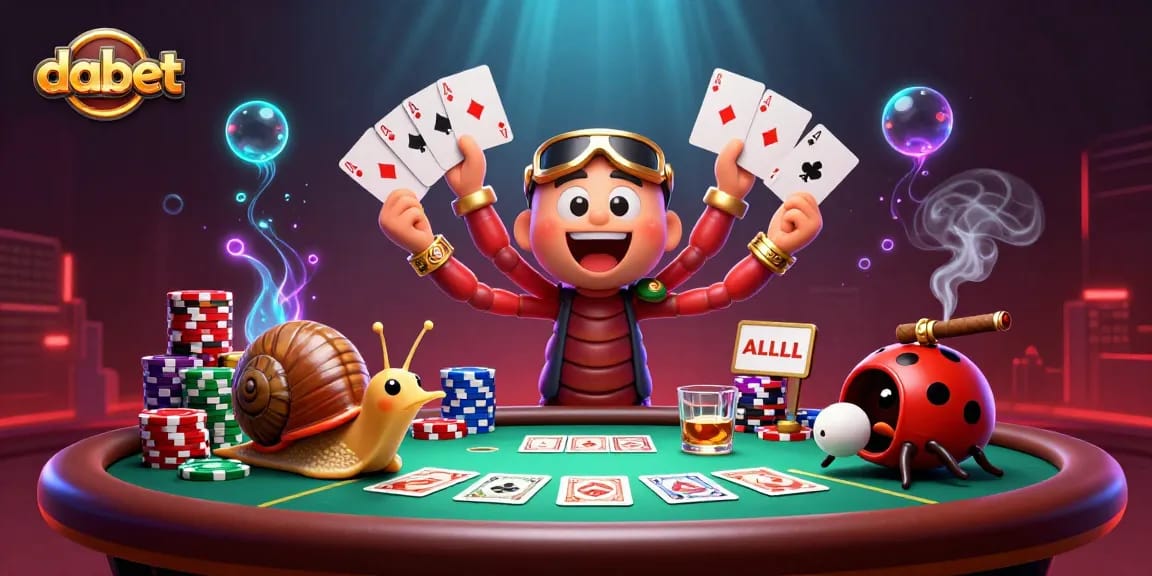 Dabet showcases intense poker action with a dynamic 3D casino scene featuring a millipede dealer and high-roller snail.