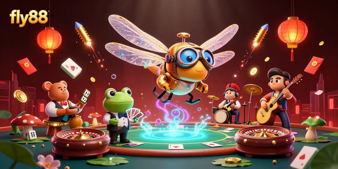 Engage with games at fly88 featuring a dynamic casino scene with poker elements and vibrant dragonfly pilot.
