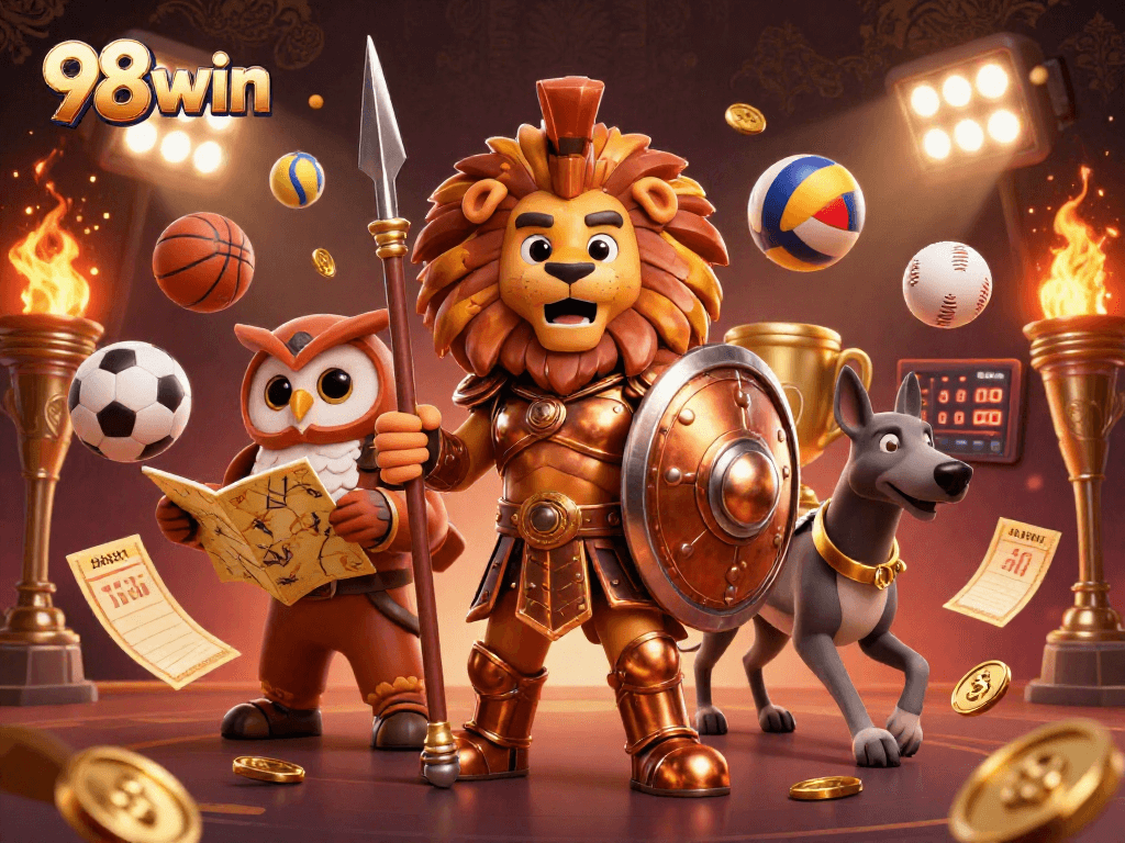 Engage with 98win in this dynamic 3D illustration featuring a Spartan lion, tactical owl, and swift greyhound amidst a lively sports betting scene.