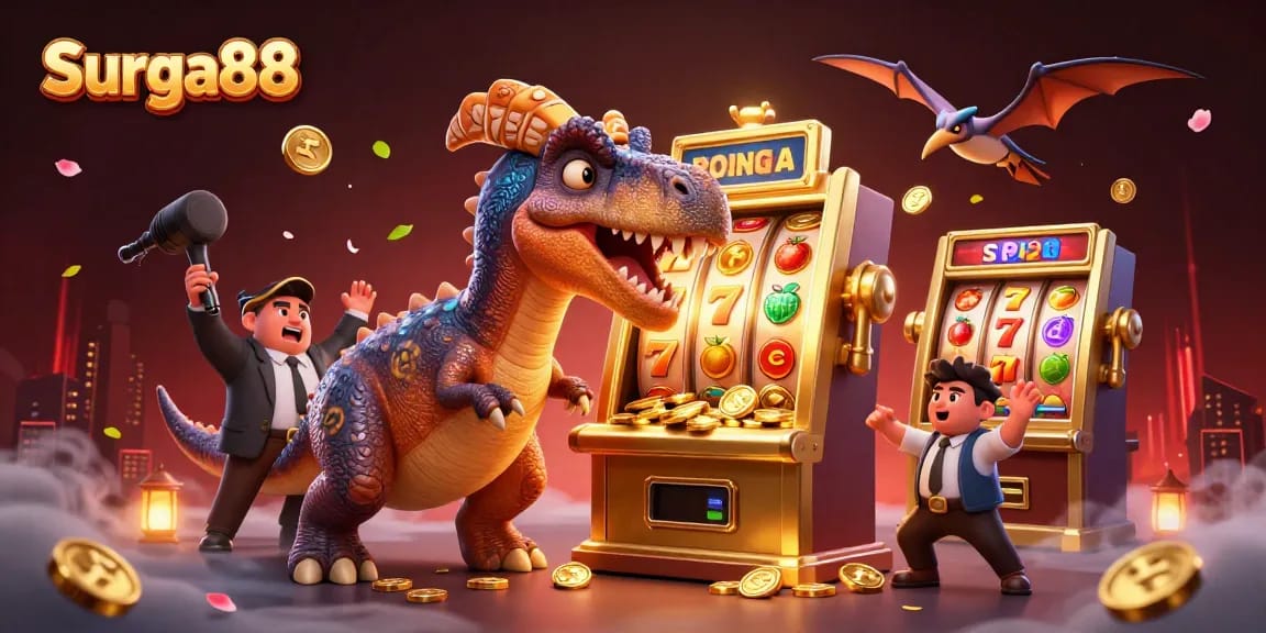 Surga88 slot machine pays out jackpot coins as dinosaurs interact in a vibrant casino scene.