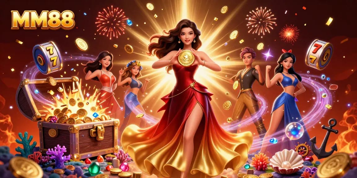 Experience the excitement of MM88 with golden coins and stunning visuals in this dynamic casino scene.