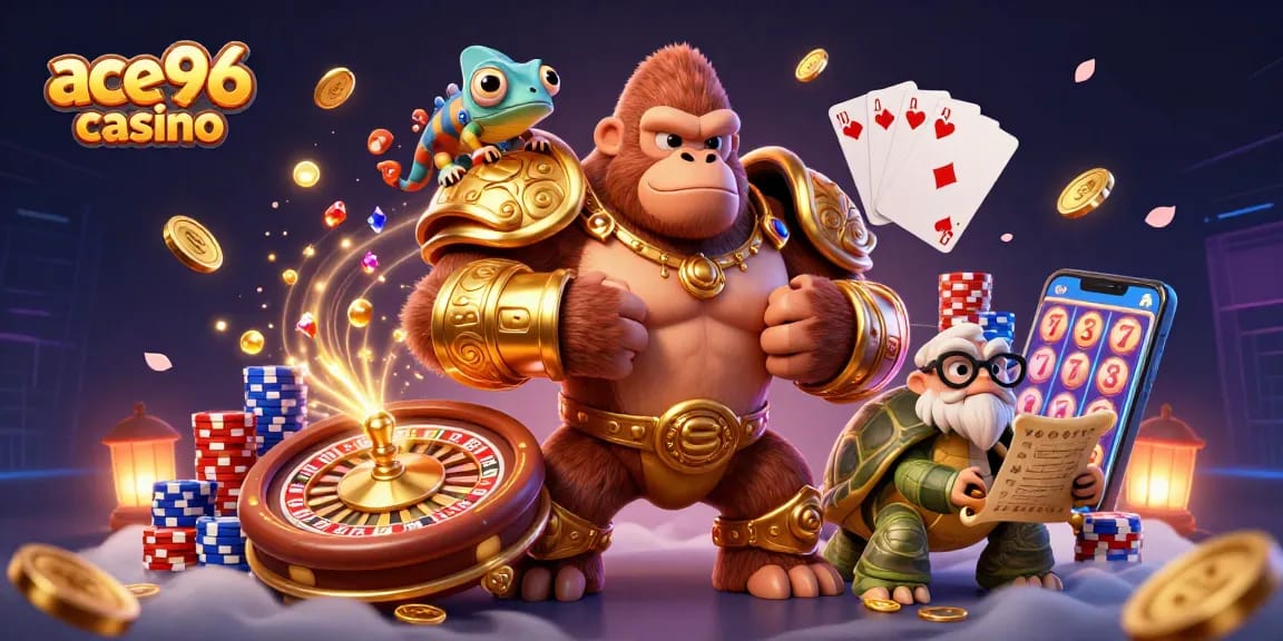 Experience winning at ace96 casino with vibrant illustrations of gaming action and excitement.