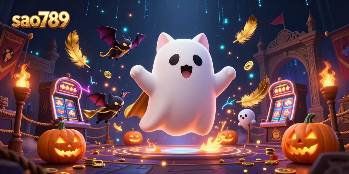 Experience thrilling games at sao789, where ghostly characters and vibrant casino elements create an exciting atmosphere.