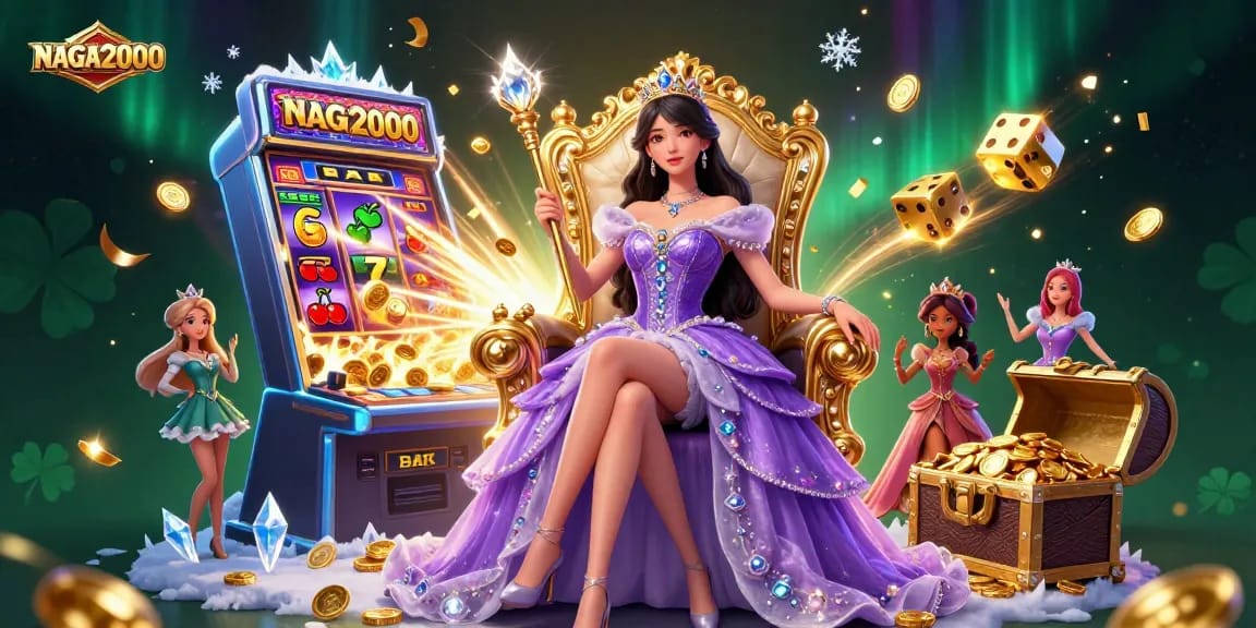 NAGA2000 menampilkan adegan jackpot yang glamor dengan wanita Asia yang cantik dan elemen kasino yang cerah.