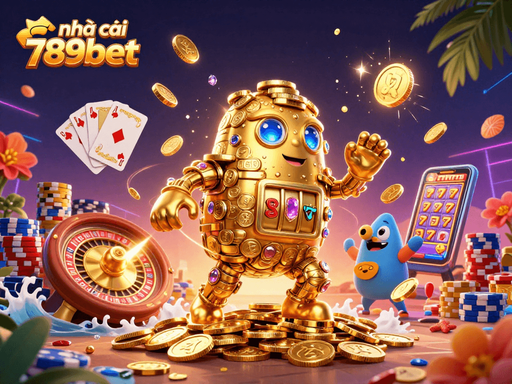 Engage with excitement at nhà cái 789bet, featuring a striking 3D golem and vibrant casino elements.
