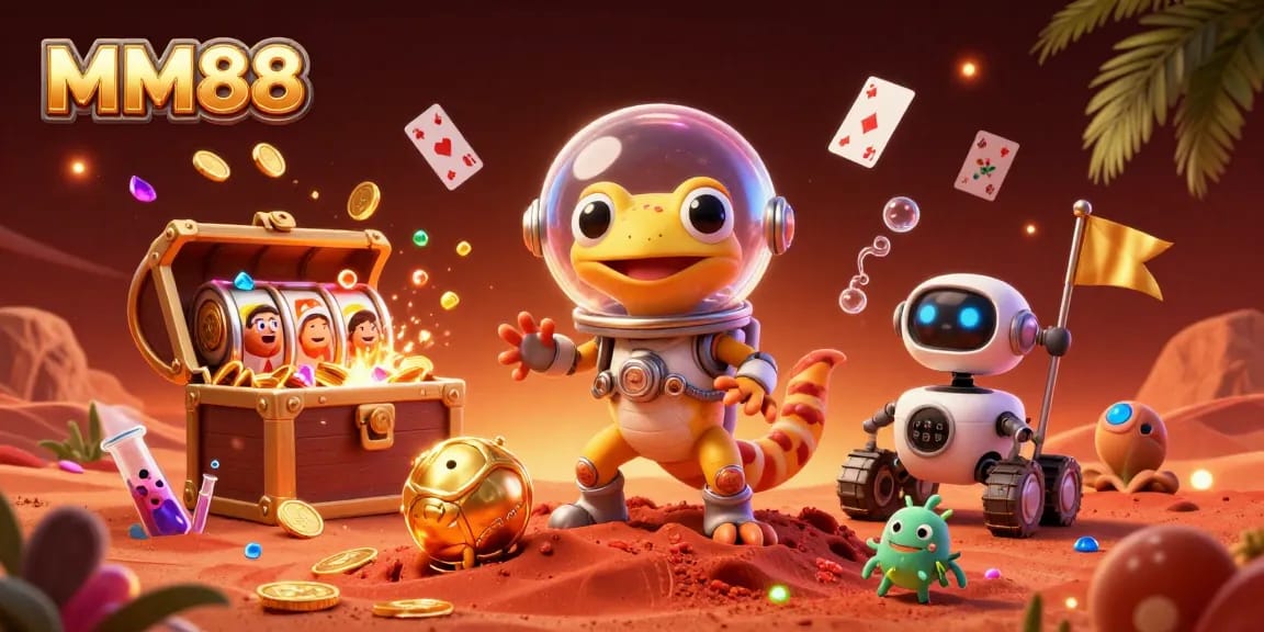 Experience the thrill of MM88 as the Martian gecko discovers a golden casino, surrounded by dynamic gameplay elements.