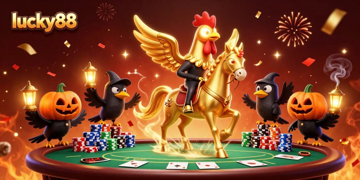 Experience thrilling poker games with lucky88 as a golden rooster leads the night in a dazzling casino.