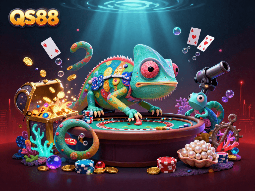 Engage with QS88's thrilling casino experience, featuring a vibrant chameleon owner and dynamic gaming elements.