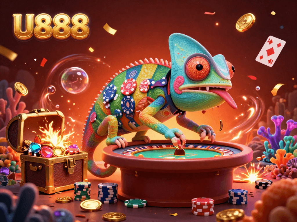 Spin and win at U888 with colorful gaming elements and an energetic chameleon casino owner.