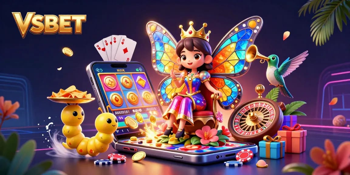 Spin vibrant slot games with the stunning visual of VSBET featuring a butterfly queen amidst casino elements.