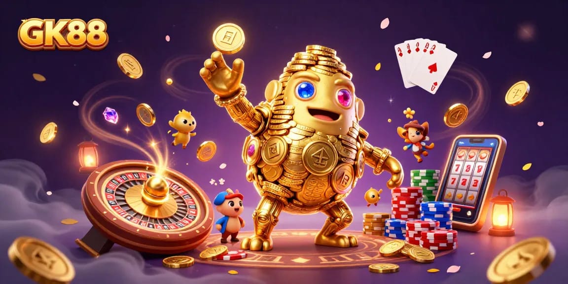 Experience GK88's vibrant casino world with dynamic gold and gem elements in this captivating illustration.