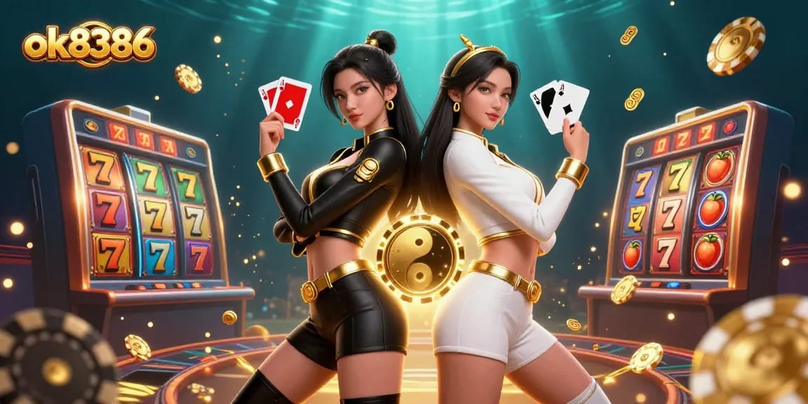 Experience thrilling action with ok8386 as twin Asian women hold cards amid dynamic slot game elements.