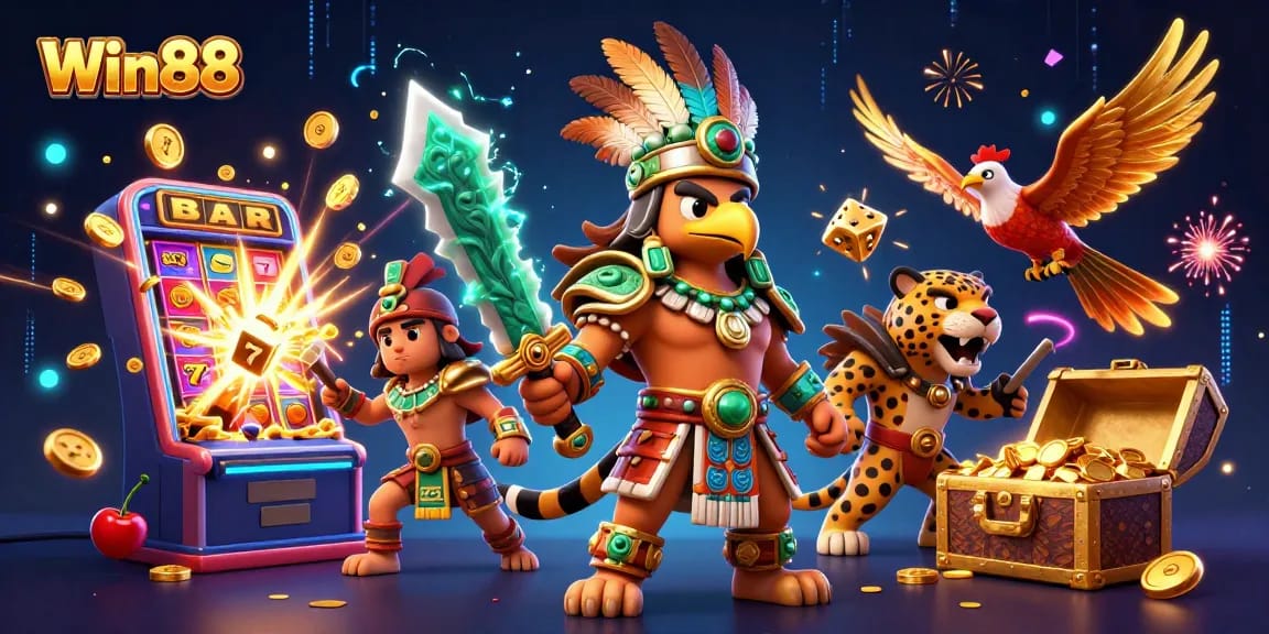 Win88 jackpots explode with excitement in a vibrant 3D casino fiesta, revealing treasures and fun!